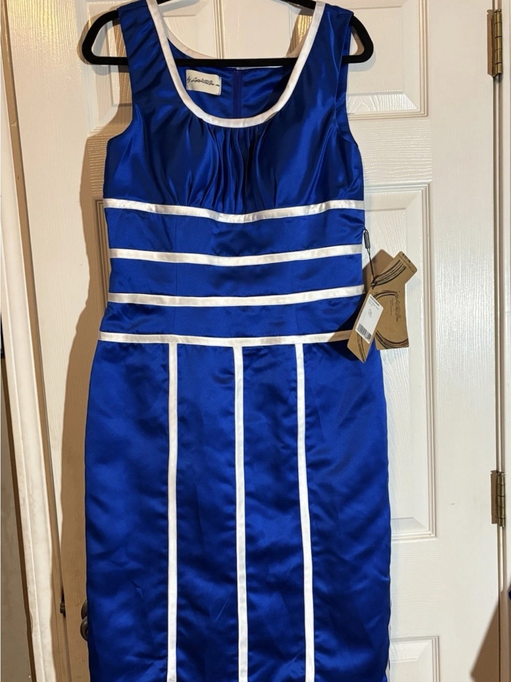 Royal Blue Midi Sheath Dress with White Trim